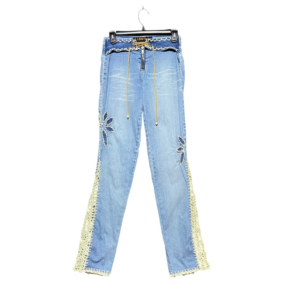 Illegal Jeans Womens Light Wash Crochet Lace Up Flare Denim Jeans Size 5 Y2K